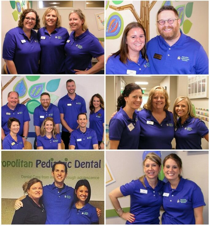 A group of people wearing blue shirts stands indoors, smiling. They appear to be part of a team, possibly a dental office staff.